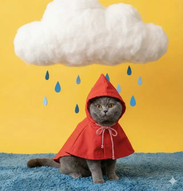 根据图1，正中构图，坐姿。穿红色带兜帽雨披，小红帽风格。蓝色纹理地毯前景，纯黄色背景。猫头顶悬浮白色蓬松云朵，蓝色卡通雨滴下落。棚拍布景，柔和均匀光线，无强阴影。童话感、趣味感、故事书风格创意摄影，正面视角，高细节，可爱略带忧郁情绪。