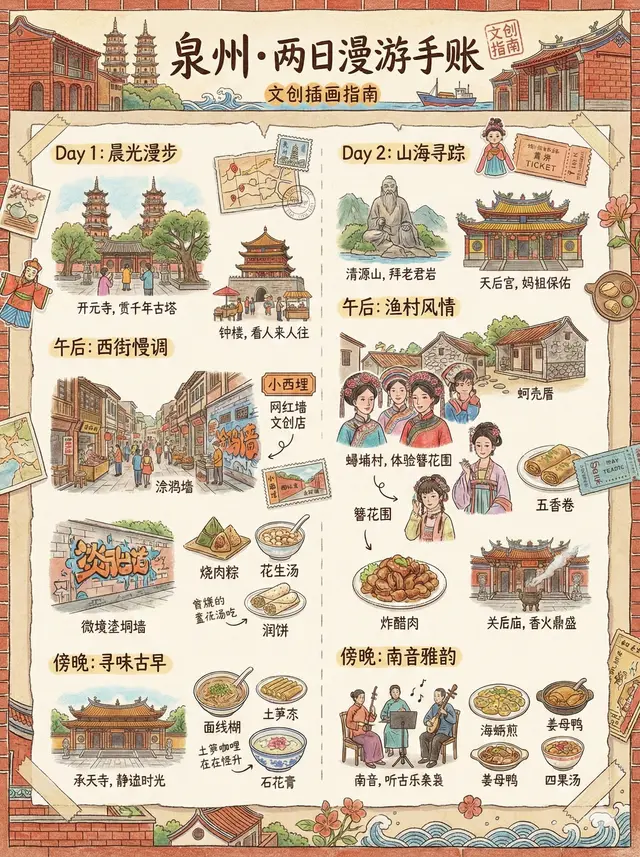 生成一张【文创插画风旅行指南 Poster】。
主题：用中文手账形式展示在泉州旅游的 2 天行程安排
整体画风：温暖复古手账插画风，彩铅 + 水彩质感，纸张纹理清晰，边缘为手绘装饰边框，像一本被撕下来的旅行手账页，治愈、有生活气息。