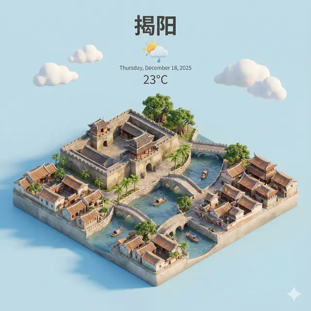 呈现一个清晰、45度俯视的等距微型3D卡通场景，展现绍兴最具标志性的地标和建筑元素。使用柔和细腻的纹理，搭配逼真的PBR材质，以及柔和逼真的灯光和阴影。将当前的天气状况直接融入城市环境中，营造出沉浸式的大气氛围。
采用干净、简约的构图，背景为柔和的纯色。在顶部中央，以大而粗的字体放置标题“揭阳”，其下方放置一个醒目的天气图标，然后是日期（小字体）和温度（中字体）。