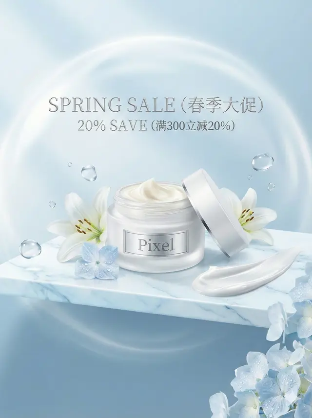 为图一中的手霜生成一个精美的商品海报：一个洁白的圆形磨砂面霜罐优雅地放置在一块光滑如玉的白色大理石台上，大理石表面隐约带有淡淡的冰蓝色纹理。手霜罐身印有银色的品牌标签 “Pixel”，且盖子微微打开，露出里面奶油般柔滑的白色膏体。底座周围簇拥着清新的白色百合花和带露珠的淡蓝色绣球花瓣。几滴晶莹剔透的水珠在半空中轻轻漂浮，如同凝固的时间。富含光泽的乳白色手霜质地像丝绸一样顺滑地涂抹在大理石台的一侧，仿佛一条流动的银河。背景是柔和朦缭的晨曦蓝渐变色，伴随着梦幻的柔光箱照明，在产品周围营造出一种水润、透亮的光晕效果。
文案信息：
SPRING SALE (春季大促)
20% SAVE (满300立减20%)