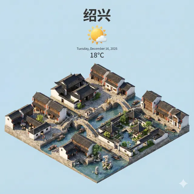 呈现一个清晰、45度俯视的等距微型3D卡通场景，展现揭阳最具标志性的地标和建筑元素。使用柔和细腻的纹理，搭配逼真的PBR材质，以及柔和逼真的灯光和阴影。将当前的天气状况直接融入城市环境中，营造出沉浸式的大气氛围。
采用干净、简约的构图，背景为柔和的纯色。在顶部中央，以大而粗的字体放置标题“绍兴”，其下方放置一个醒目的天气图标，然后是日期（小字体）和温度（中字体）。