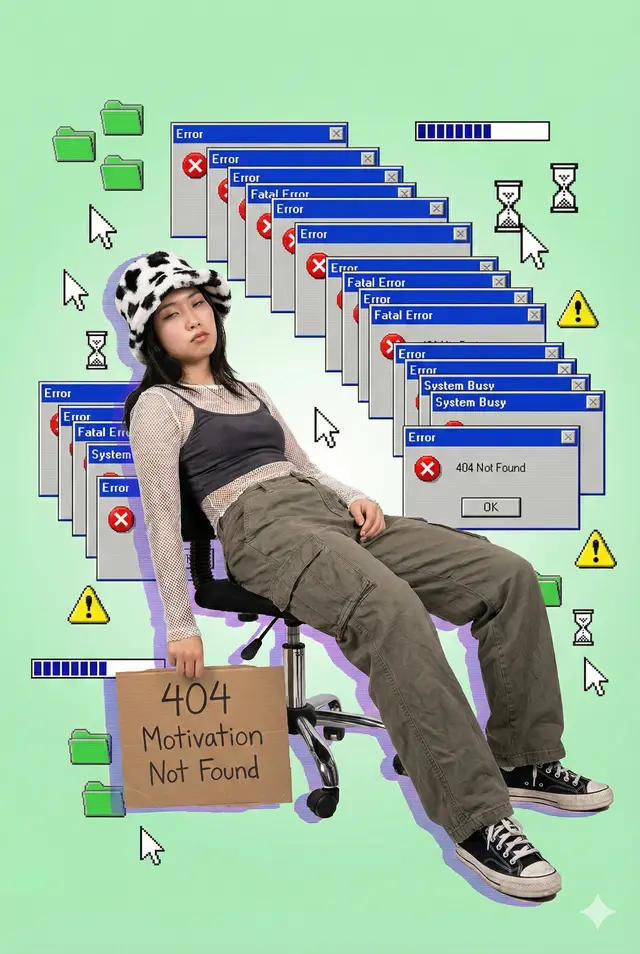 A surreal Y2K-style digital collage poster.
A tired young asian woman slouching sideways on a rolling office chair, emotionless expression, low-energy posture, wearing a cow-print fuzzy hat and a mesh top, holding a cardboard sign that clearly reads: “404 Motivation Not Found”.
Surrounded by floating retro Windows 98 style error pop-up windows, stacked and overlapping, with red error icons and messages like “Error”, “Fatal Error”, “System Busy”, “404 Not Found”.
Scattered digital icons around the scene including green file folders, mouse cursors, loading symbols, hourglass icons and warning signs, Soft pastel green gradient background.
Y2K aesthetic, early internet nostalgia, surreal digital collage, themes of burnout, digital fatigue, emotional offline mood.
Poster-style composition, clean layout, high-resolution, accurate readable text, consistent lighting, no watermark.