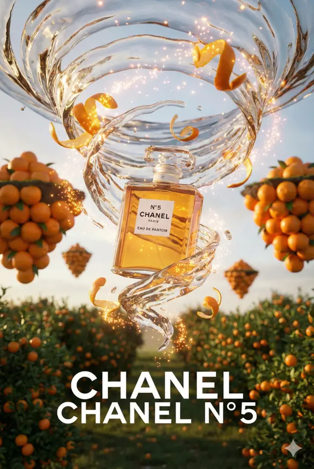 CHANEL的高端 3D 广告海报。逼真的CHANEL漂浮在一个神奇的奇幻景观中央。产品被动态旋转的LIQUID漩涡环绕，其中混合着发光的魔法火花和漂浮的橘子皮。背景是超现实的漂浮岛屿，由橘子制成，悬浮在橘子果园上方。超现实CGI渲染，Octane渲染，明亮的电影级灯光，魔法氛围。底部中央是粗体的白色排版文字，内容为 “CHANEL N°5” 。广告摄影风格。