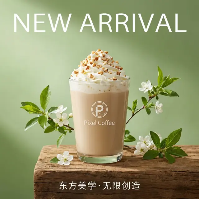 生成一张奶茶广告图，画面主体是一杯杯身印有品牌标识和“Pixel coffee”字样的饮品，顶部有奶油和坚果碎。饮品放置在一块木头上，旁边有绿色枝叶和白色花朵点缀，上方有 “NEW ARRIVAL” 无衬线体的字样，表明这是 “东方美学·无限创造”无衬线体小字居中， 旗下品牌的合作。背景是渐变的绿色。整体风格清新雅致，色调以绿色为主，突出了饮品的自然风味。构图采用中心构图，将饮品置于画面中心，视角上给人一种简洁、舒适的感觉。细节方面，奶油的质感、坚果碎的颗粒以及杯身的文字和图案都清晰可见。