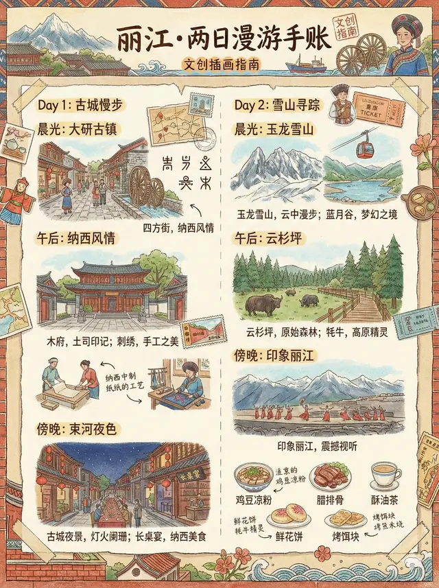 生成一张【文创插画风旅行指南 Poster】。
主题：用中文手账形式展示在丽江旅游的 2 天行程安排
整体画风：温暖复古手账插画风，彩铅 + 水彩质感，纸张纹理清晰，边缘为手绘装饰边框，像一本被撕下来的旅行手账页，治愈、有生活气息。