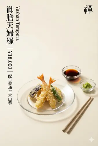 一张高角度商业美食摄影照片，展示了[天妇罗]盛放在极简风格的透明玻璃盘中，配有一小玻璃碗酱油和一碗芥末。旁边放着两只筷子，背景为纯净的奶油米白色，留有充足的留白。左侧叠加了时尚的黑色无衬线字体排版，简单介绍了菜品名称、价格和搭配说明。右上角有一个极简的小Logo。采用柔和的摄影棚布光，逼真的柔和阴影，具有时尚杂志的编辑风格。该设计以优质纸张背景填满整个 2:3 画面，采用大师级平面设计，配有精致的中式排版、极其克制的植物图案和精致优雅的光线，营造出一种空灵、奢华、精致的氛围，具有最大的精致感和考究感