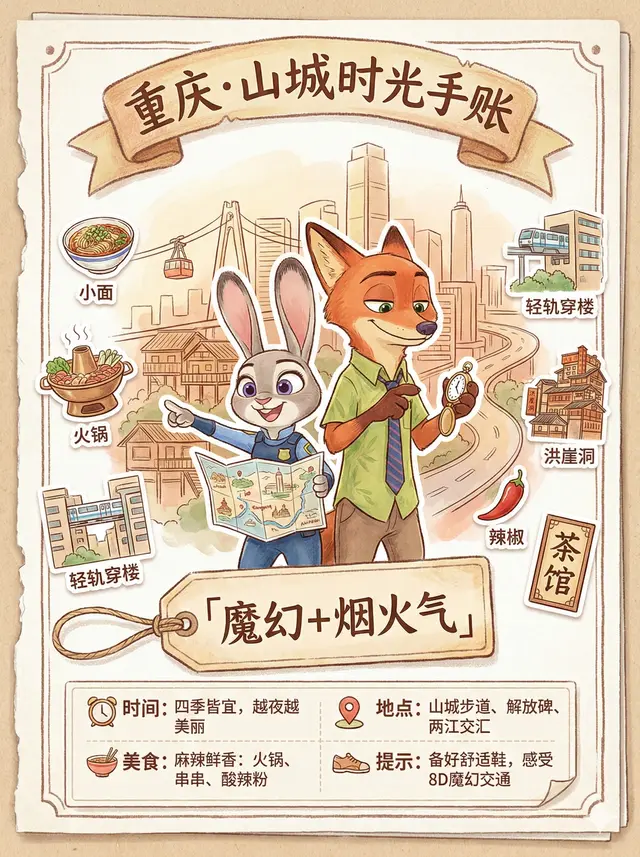 生成一张【文创插画风旅行指南 Poster】，整体风格、构图和信息层级参考示例图。
整体画风：温暖复古手账插画风，彩铅 + 水彩质感，纸张纹理清晰，边缘为手绘装饰边框，像一本被撕下来的旅行手账页，治愈、有生活气息。
画面结构（重点）：顶部：弧形手绘标题横幅（中文手写字体，标题清晰），中部主体：两位拟人化卡通动物角色作为“引导者”，一位拿地图或指路，一位看时间或观察周围，表情轻松、有互动，背景：简化的城市轮廓或场景线稿，仅作氛围衬托，四周点缀：若干小插画元素（食物、交通工具、地方符号、装饰物），像贴纸一样自然散落，中下部：一条醒目的主题标题条（如「×× + ××」形式），底部：信息卡片区，使用图标 + 中文短句，排版整齐、有留白
文字与内容要求：全部为中文，信息清晰、偏生活方式表达，不是冷冰冰的说明书，包含时间、地点、特色、美食、提示等模块，但整体更像“文创插画”而非严肃攻略
角色要求：原创卡通动物形象，不绑定任何具体 IP，比例偏 Q，可爱但不幼稚，作为“陪你旅行 / 生活的角色”存在
色彩与氛围：暖色系、低饱和配色（米色、浅棕、橙色、柔和绿色），整体舒适、可收藏、适合文创周边与社交平台展示。
整体感觉：像城市文创插画、旅行纪念海报或生活方式品牌视觉，而不是单纯信息图。