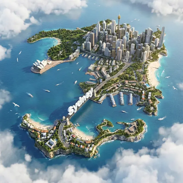 [Sydney]地图形状的超写实3D俯视浮岛，悬浮在毛茸茸的白色云海之上。岛上密集分布着[Sydney]最具标志性的微缩地标建筑，例如[Sydney Opera House, Sydney Harbour Bridge, coastal beaches, modern skyline]。在地形中央，巨大的、粗体的、纯白色的3D字母拼写出“[Sydney]”，与景观和建筑融为一体。场景包含[Blue ocean water surrounding the island, seagulls flying.]等详细地形特征。几只鸟在天空中飞翔。柔和的自然光，明媚的阳光氛围。C4D风格，Octane渲染，建筑可视化，微缩艺术，旅游海报，超细节，4k分辨率。