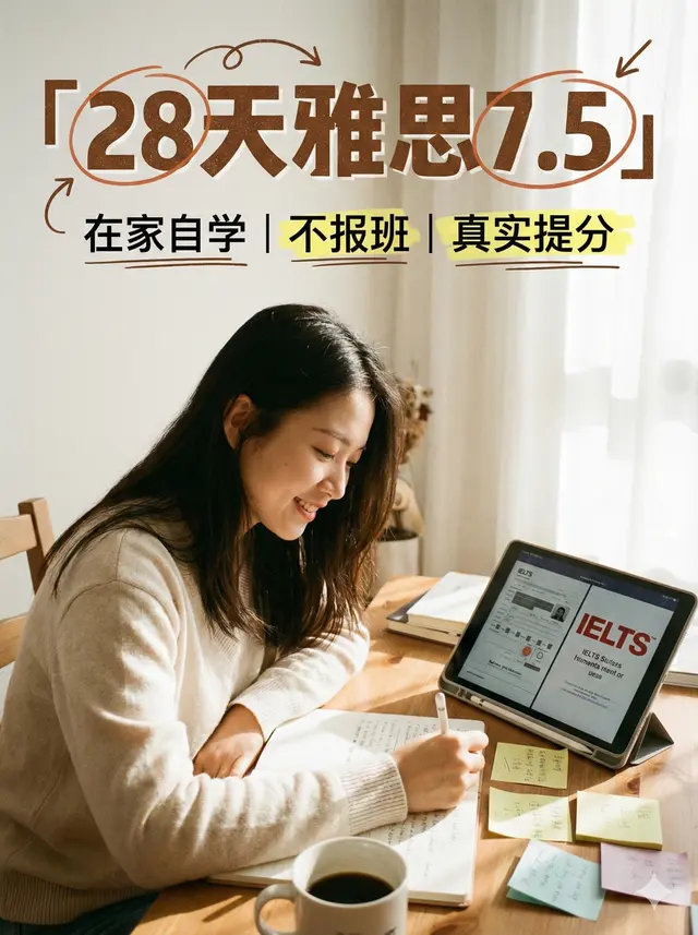 设计一张小红书平台的雅思备考爆款封面。
居家学习场景，自然光，年轻中国学生在家学习英语，桌面有笔记本、iPad、咖啡、便利贴。整体风格真实、生活化、有情绪感，不要学术或培训班风格。
画面主标题为大字中文：
「28天雅思7.5」
副标题：
「在家自学｜不报班｜真实提分」
用箭头、标注、强调符号突出关键词。
色调温暖，对比明显，画面干净，有强点击欲望，符合小红书当前流行审美，真实、激励人心、容易爆款。