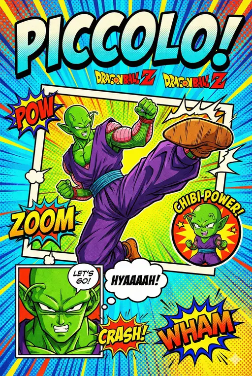 A high-energy comic book poster illustration.
“Piccolo（比克）From Dragon Ball Z（龙珠Z）”
Comic book layout with multiple panels, the main character breaking out of the frame,
inset panels showing close-up expressions and a cute chibi-style version.
Bold comic-style typography with large readable text, action words like “POW”, “ZOOM”, “CRASH”, speech bubbles with short energetic dialogue, all text crisp and legible.
Vibrant comic book art style, bold black outlines, halftone dot backgrounds, high saturation colors, dynamic manga-inspired action illustration.
Poster-style composition, high resolution, clean layout, consistent lighting, no watermark.