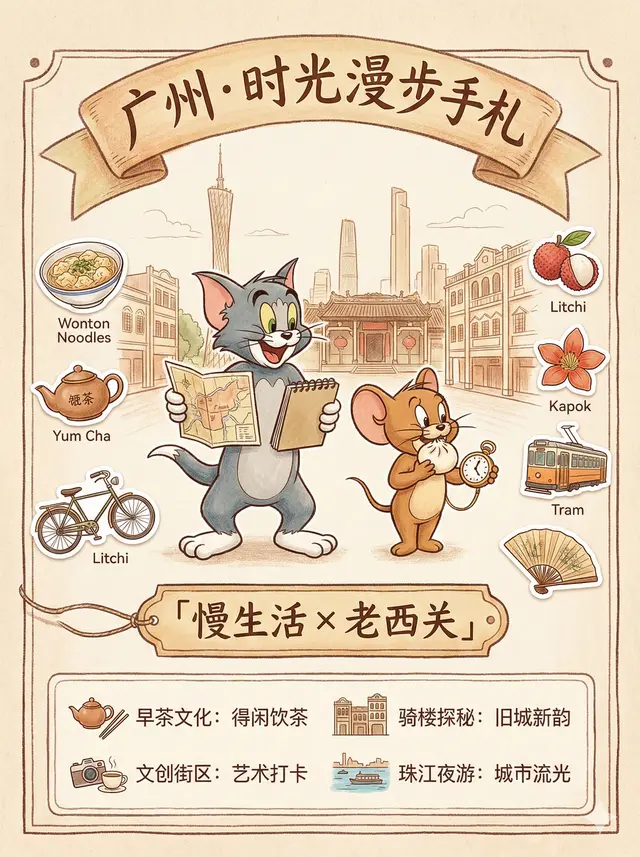 生成一张【文创插画风旅行指南 Poster】，整体风格、构图和信息层级参考示例图。
整体画风：温暖复古手账插画风，彩铅 + 水彩质感，纸张纹理清晰，边缘为手绘装饰边框，像一本被撕下来的旅行手账页，治愈、有生活气息。
画面结构（重点）：顶部：弧形手绘标题横幅（中文手写字体，标题清晰），中部主体：两位拟人化卡通动物角色作为“引导者”，一位拿地图或指路，一位看时间或观察周围，表情轻松、有互动，背景：简化的城市轮廓或场景线稿，仅作氛围衬托，四周点缀：若干小插画元素（食物、交通工具、地方符号、装饰物），像贴纸一样自然散落，中下部：一条醒目的主题标题条（如「×× + ××」形式），底部：信息卡片区，使用图标 + 中文短句，排版整齐、有留白
文字与内容要求：全部为中文，信息清晰、偏生活方式表达，不是冷冰冰的说明书，包含时间、地点、特色、美食、提示等模块，但整体更像“文创插画”而非严肃攻略
角色要求：原创卡通动物形象，不绑定任何具体 IP，比例偏 Q，可爱但不幼稚，作为“陪你旅行 / 生活的角色”存在
色彩与氛围：暖色系、低饱和配色（米色、浅棕、橙色、柔和绿色），整体舒适、可收藏、适合文创周边与社交平台展示。
整体感觉：像城市文创插画、旅行纪念海报或生活方式品牌视觉，而不是单纯信息图。