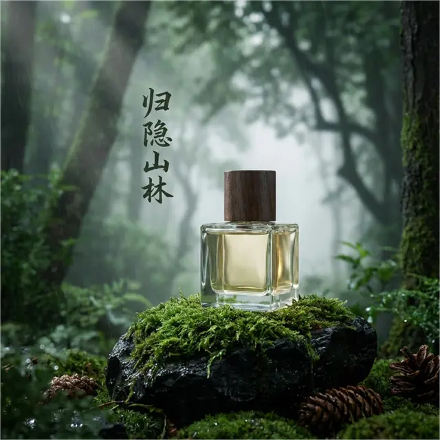 请为我生成一张电商海报视觉图，用来呈现一款高端的小众沙龙香水（极简方形透明玻璃瓶，深胡桃木瓶盖）。场景设定在雨后的深山古林，背景是湿润的深绿色植被，模拟清晨透过树叶缝隙洒下的“丁达尔光效”（耶稣光），冷暖对比微妙，整体色调偏向墨绿与深灰，呈现静谧的高级质感。产品平稳放置在一块覆盖着湿润青苔的黑色不规则岩石上，强调产品与自然的共生，苔藓的绒毛感清晰可见，显得生机勃勃，香水瓶身玻璃通透，内部淡金色液体在光线下折射出琥珀般的光泽，岩石边散落着几颗带露水的松果，远景是层层叠叠的古树树干+缭绕的白色晨雾，深度虚化背景，整体视觉突出品牌“归隐山林”的禅意与克制的奢华感。