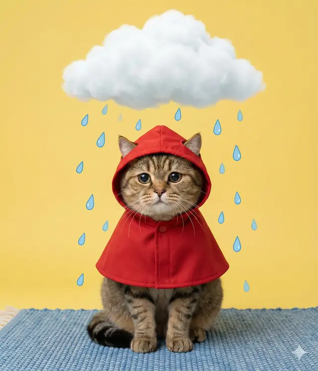 根据图1，正中构图，坐姿。穿红色带兜帽雨披，小红帽风格。蓝色纹理地毯前景，纯黄色背景。猫头顶悬浮白色蓬松云朵，蓝色卡通雨滴下落。棚拍布景，柔和均匀光线，无强阴影。童话感、趣味感、故事书风格创意摄影，正面视角，高细节，可爱略带忧郁情绪。