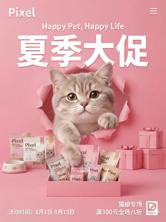 一张以粉色为主色调的促销海报，宣传宠物品牌"Pixel"的促销活动。在画面中央，一只可爱的英短毛的特写从一张撕开的粉色纸张中探出头来，它有着温柔的大眼睛和灿烂的笑容。毛茸茸的脑袋和友善的眼神被突出展示，它的前爪伸向下方一个装满各种猫粮和猫零食的粉色盒子(比如印有"Pixel"标志的猫粮袋)。左侧是一个陶瓷猫碗和几袋优质猫冻干。右侧是堆叠的带有丝带的粉色礼盒。上方是大号的白色"夏季大促"标识，左侧有"Happy Pet, Happy Life"(快乐宠物，快乐生活)字样。左下角标注活动时间为"8月1日-8月15日"，右下角显示白色文字"猫粮专场 满300元全场八折"，以及"DESIGN"标志。背景是纯净且高级的粉色，整体构图围绕猫猫和猫粮粮促销展开，营造出温馨欢乐的氛围。