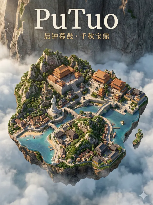 以舟山普陀区地图形状的超写实3D俯视浮岛。画面色彩鲜明且富有质感，建筑线条简洁流畅，岛上密集分布着普陀区最具标志性的微缩地标建筑（如普陀寺）等详细地形特征。整幅4K高清，保留普陀区地形优雅的轮廓。顶部有“PuTuo”字样，下方小字为“晨钟暮鼓·千秋宝鼎”，字体纤细，与画面融为一体。
